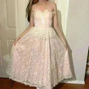 Vintage Gunne Sax 1970s Cottagecore Lace Pink Strapless Prairie Dress Size 3